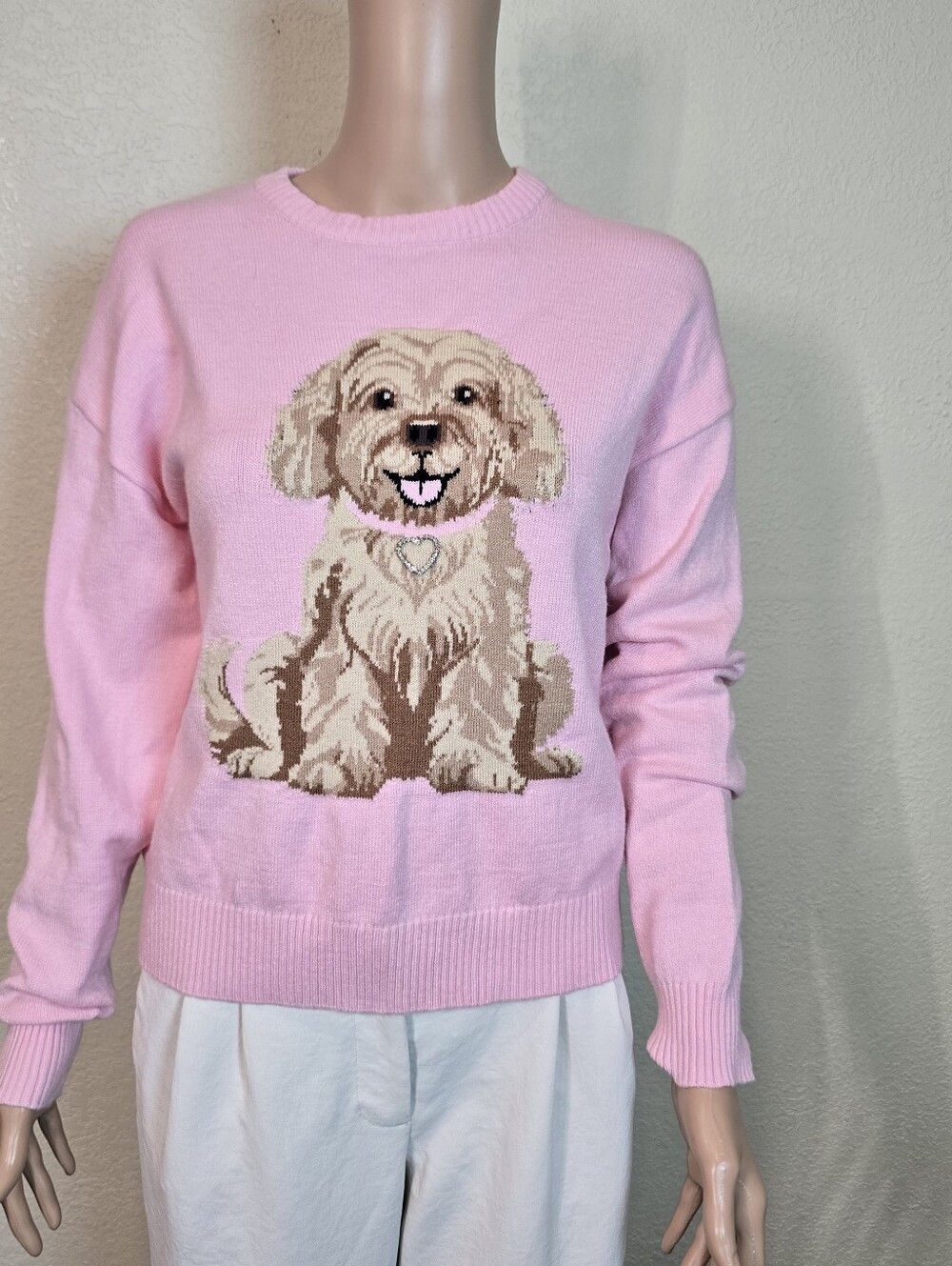 Derek Heart Pink Doodle Poodle Puppy Dog Sweater Size Medium Women’s Crewneck - Picture 2 of 16